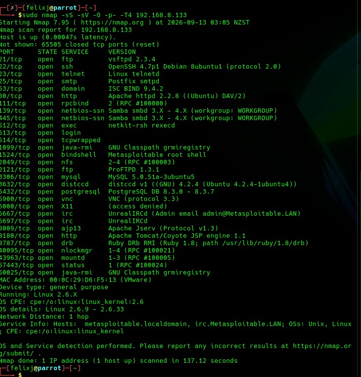 Nmap scan results showing open ports, services and OS detection